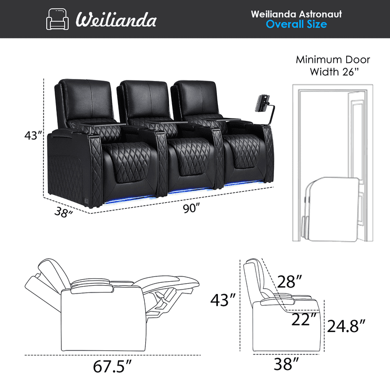 Weilianda Astronauts Reclining Sofa Electricity Recliner Zero Gravity Chair Top Grain Leather Movie Chair Gaming Sofa with Tray Table USB Charging Cup Holders,Row of 3 Black