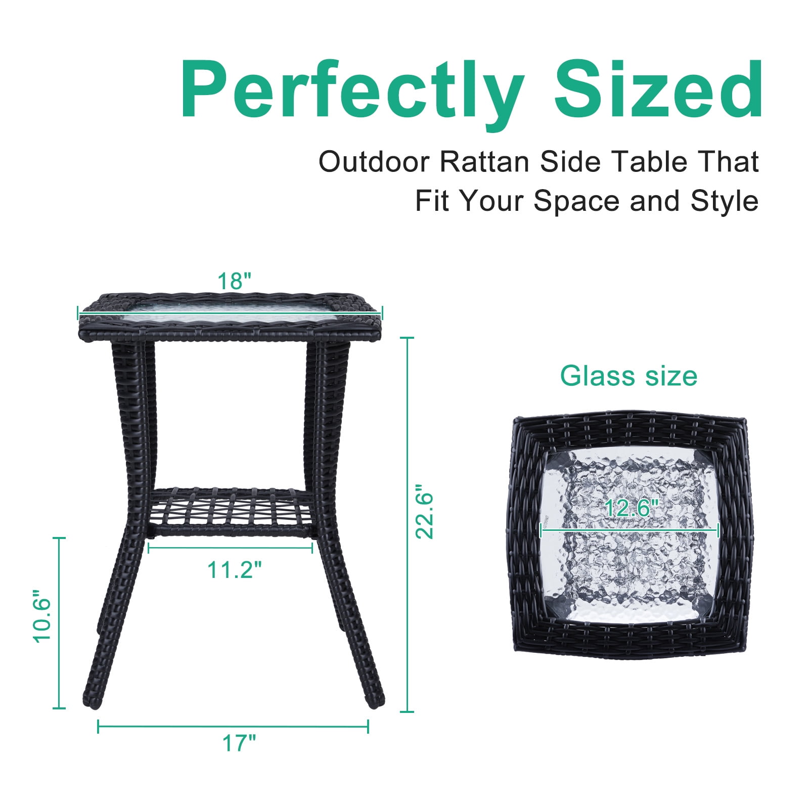 Wicker Side Table with Glass Table Top, Square PE Rattan Outdoor End Table for Patio, Garden, Poolside, Deck w/UV-Resistant Frame, Storage Space, Black