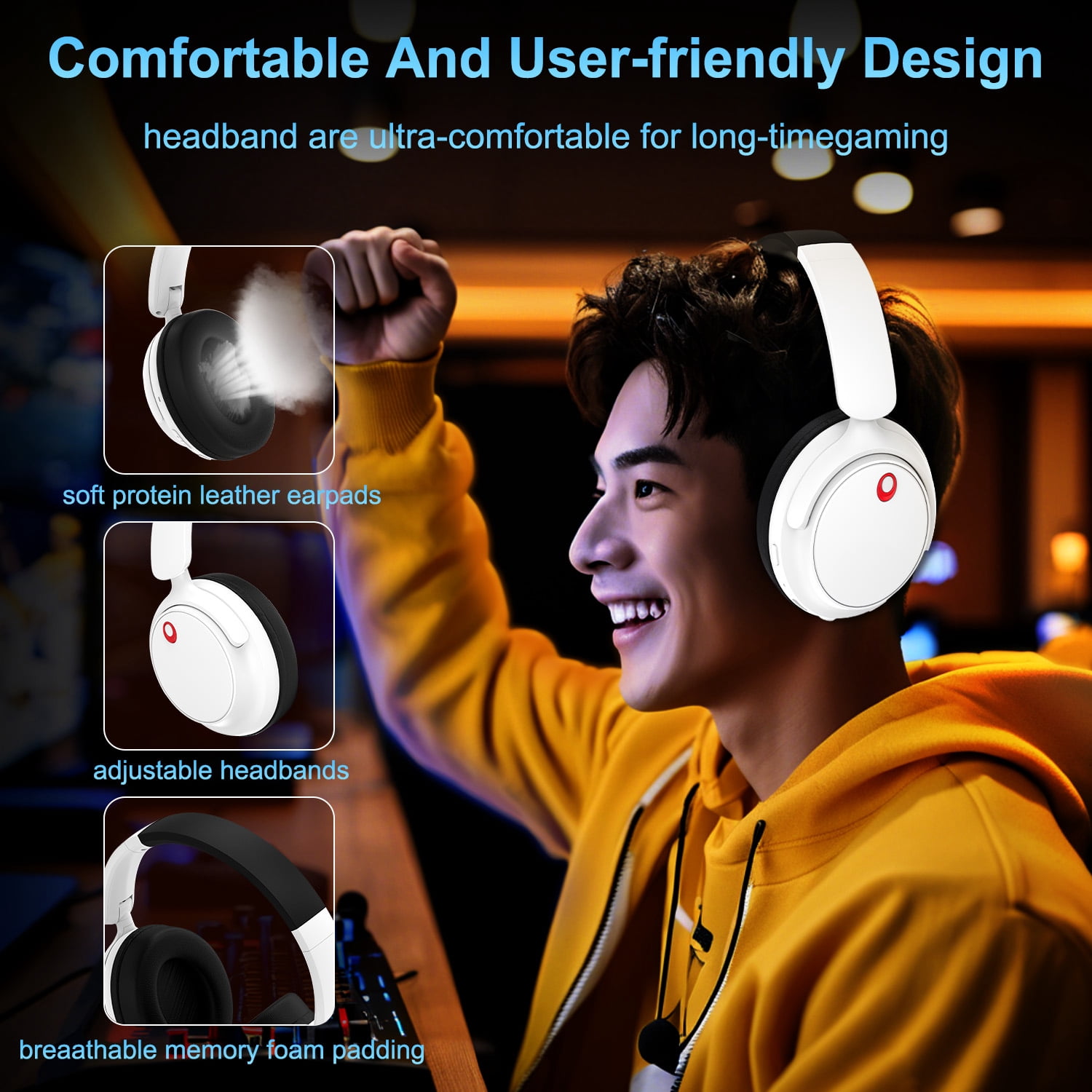 Wireless Gaming Headset, Bluetooth/2.4G Gaming Headphones w/Detachable Noise Cancelling Mic,Stereo Bass 7.1 Surround Sound Over Ear Headphones,Type C Wired for Xbox PS4 PS5 Switch,White,FCC Approved