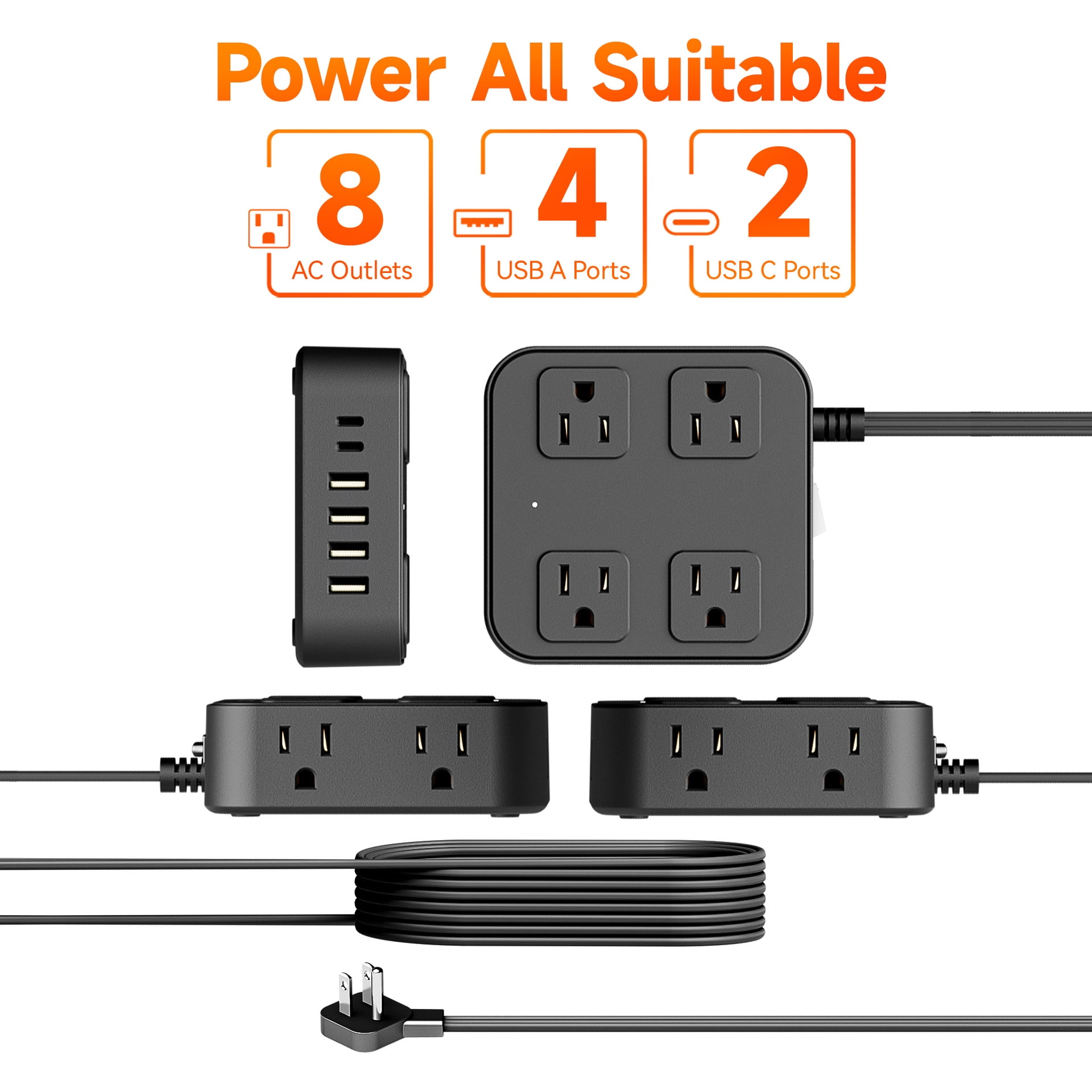 USB Charging Strip - 8 AC Outlets Extender 6 Fast-Charging USB Ports Heavy-Duty US Standard Socket with Extension Cable Multi-Device Charger Station for Office Home Travel（Black）