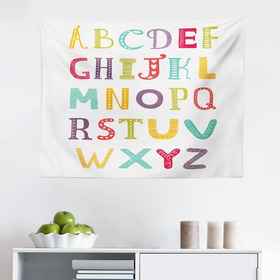 Alphabet Tapestry, Simple Colorful Letters Print on Plain Background, Fabric Wall Hanging Decor for Bedroom Living Room Dorm, 2 Sizes, White Multicolor, by Ambesonne