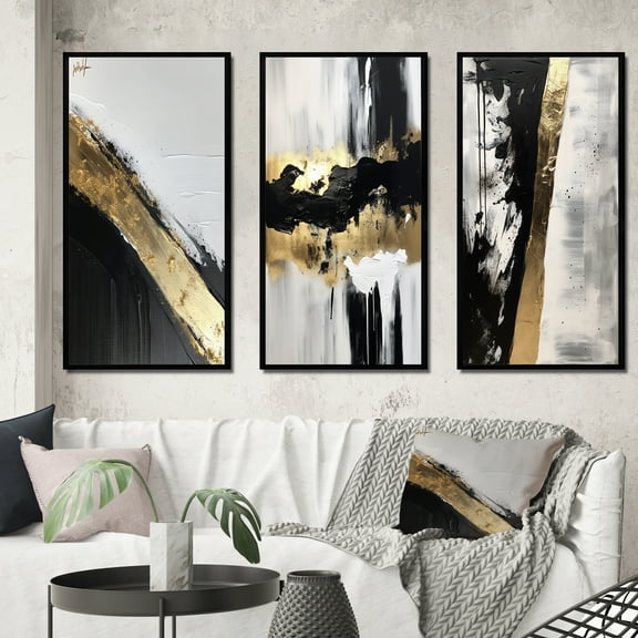 Designart "Geometric Essence Minimalist Abstract Painting in Gold I" Abstract Painting Framed Wall Art Set Of 3 - Gold Modern Frame Canvas Set For Living Room Decor