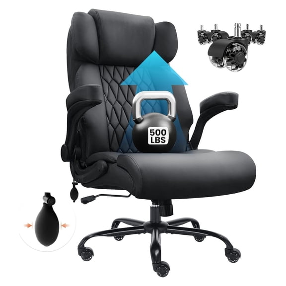 500lbs Big and Tall Office Chair Adjustable Lumbar Support for Back , Extra Wide Seat Executive Office Chair Thick Armrest Pad, Heavy Duty Base&Upgraded Wheels, Ergonomic Desk Chair