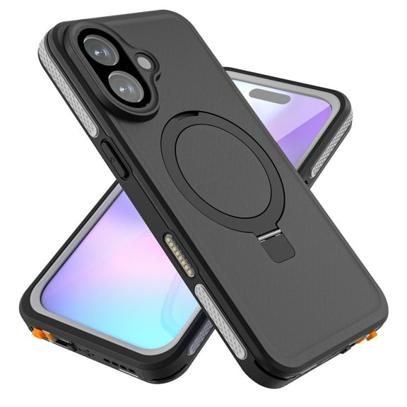 for iPhone 17 Rugged Case, Compatible with MagSafe Ring Kickstand, Waterproof Shockproof Built-in Screen Protector, Full Body Protection Phone Cover with Dust Plug, Gray