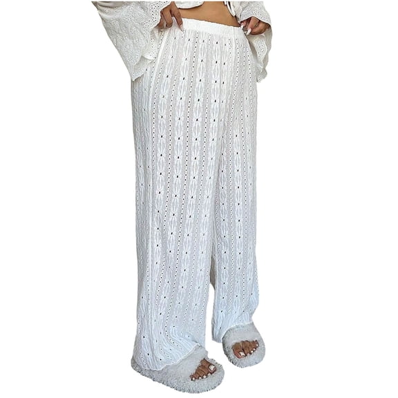 HAPIMO Womens Casual Lace Pants Lightweight Spring Fall Trousers Elastic High Waist Straight Pants Baggy Wide Leg Pants Fashion Eyelet Embroidered Pant White XXXXL