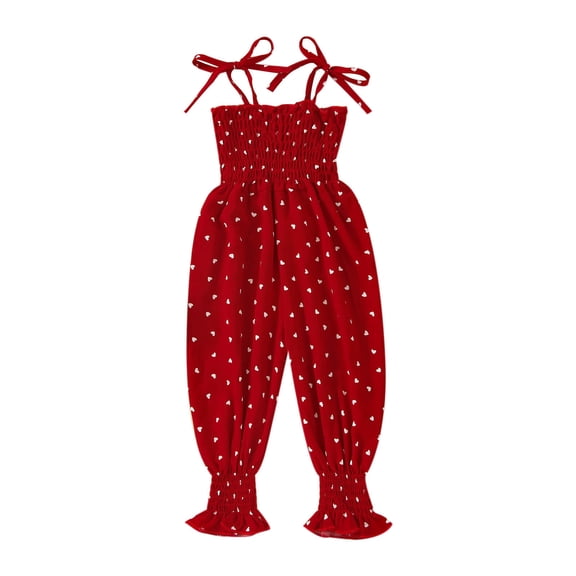 REDARER Toddler Girls' Heart Print Jumpsuit Smocked Bodice Tie Straps with Ruffled Summer Outfit,12-18 Months