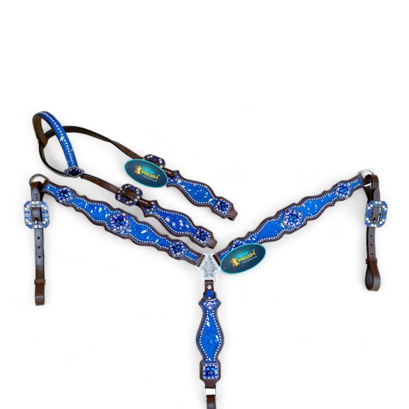 MOUSM Western Leather Headstall and Breast Collar tack Set for The Horse,Valentine Day Silver Metallic Acid wash Cowhide Look with Rhinestone