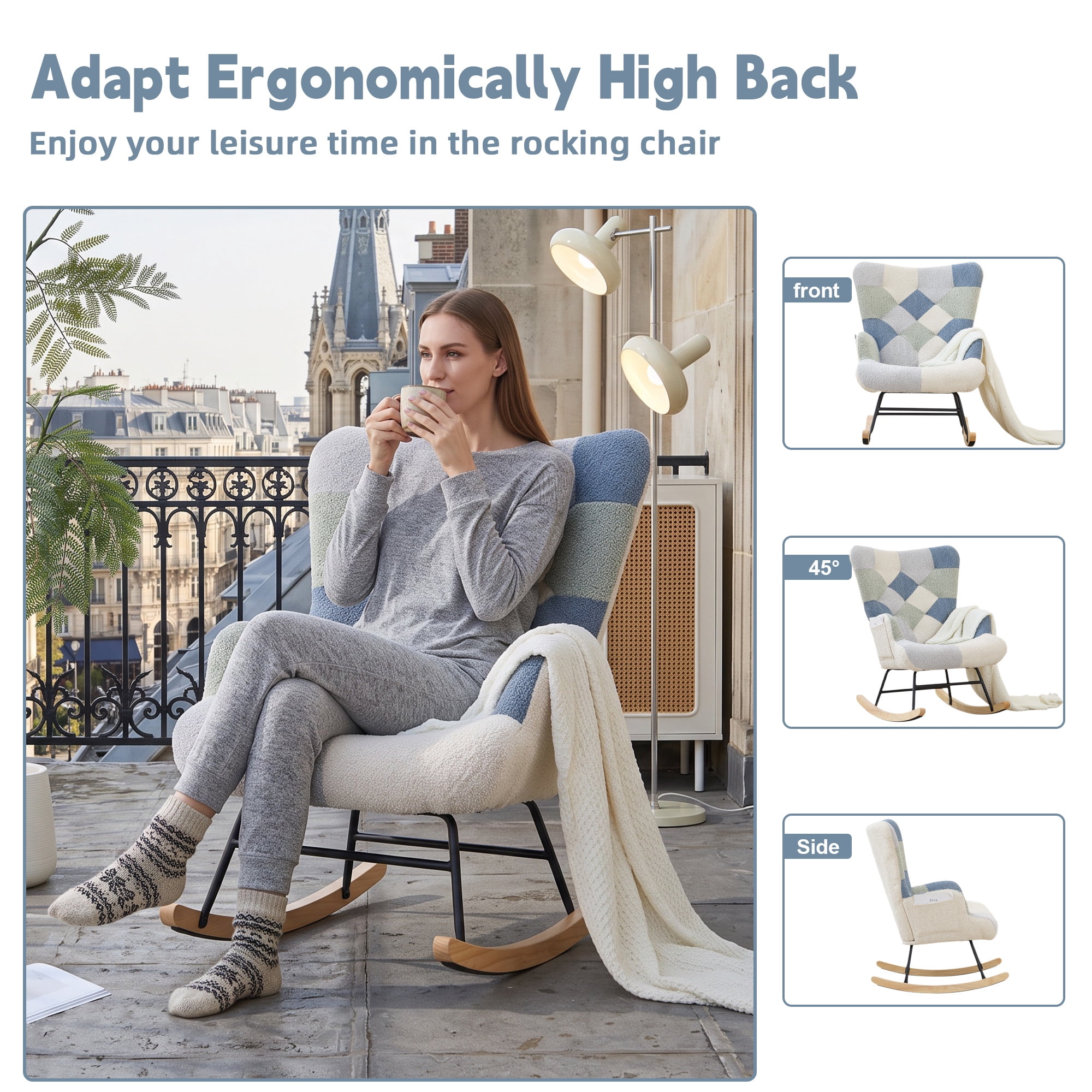 Patchwork Teddy Fleece Upholstered Rocking Chair, High Back Nursery Glider Rocker with Side Storage Pocket, Rubberwood Rockers Accent Armchair for Nursery Living Room Bedroom Office.