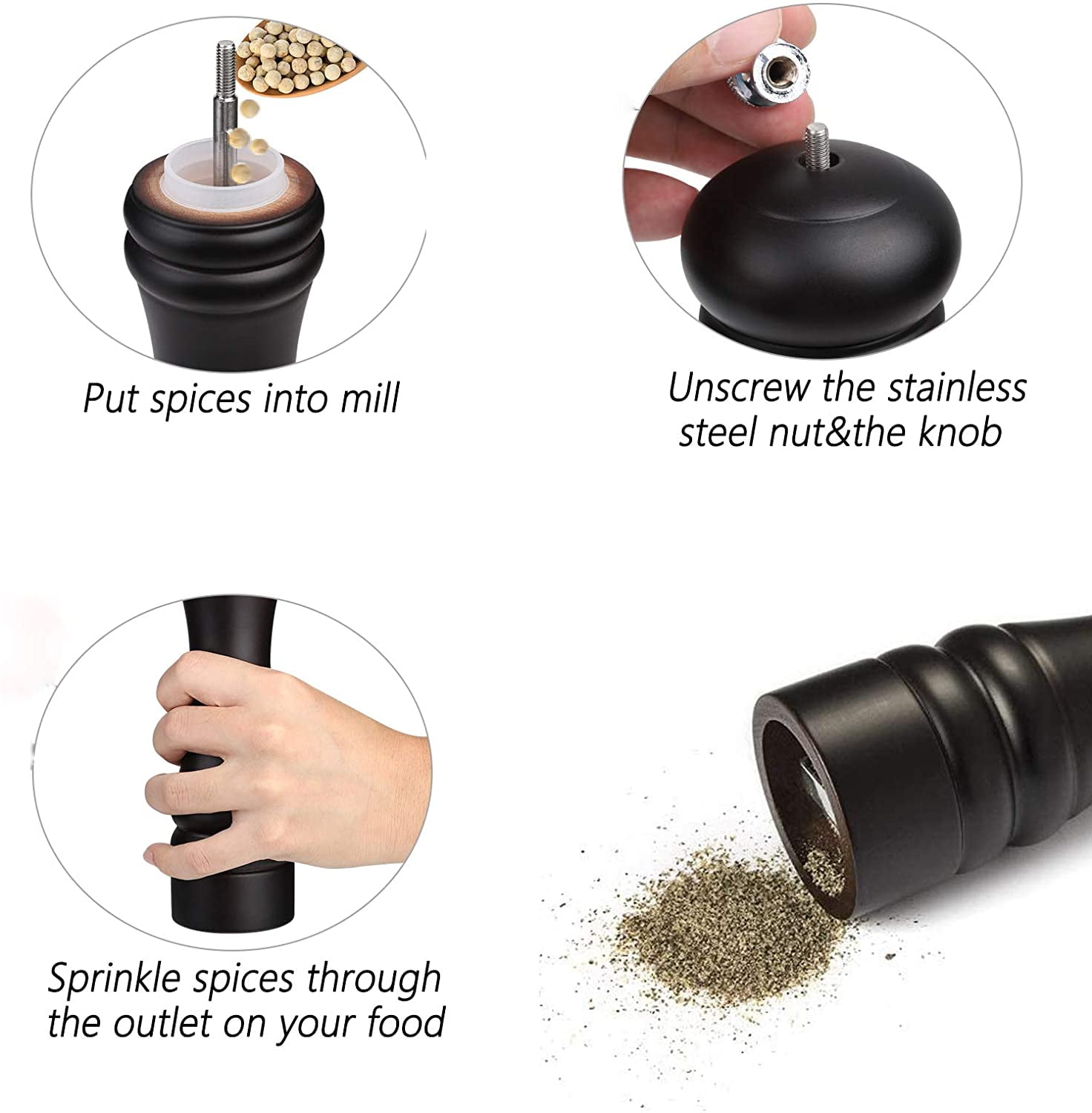 Pepper Mill Black Pepper Grinder Mill Wood Refillable Stainless Steel Mechanism Adjustable Coarseness