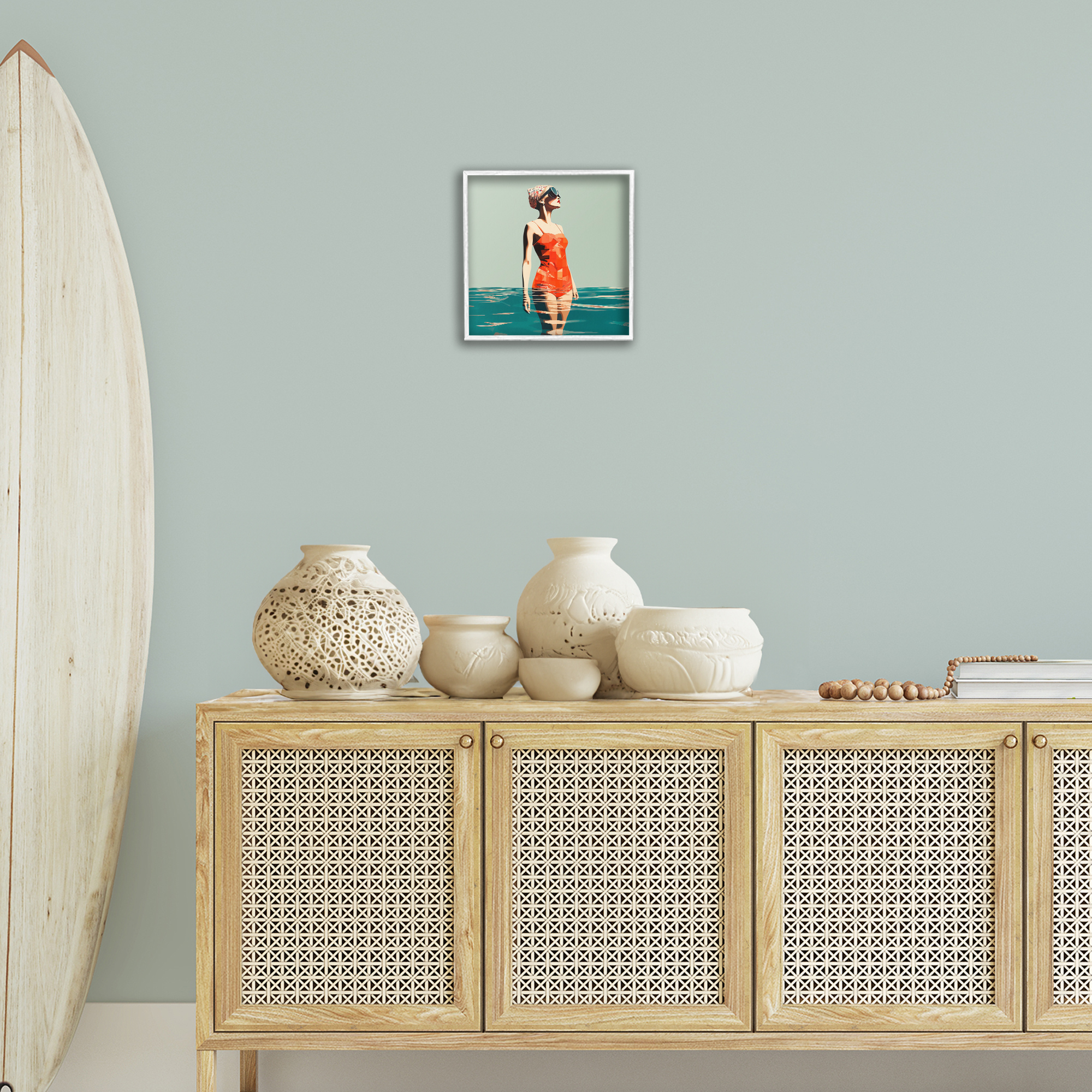 Stupell Industries Retro Woman in Swimsuit Novelty Painting White Framed Art Print Wall Art, 12 x 12
