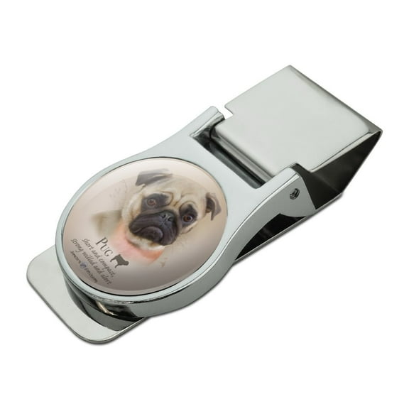 Pug Dog Breed Satin Chrome Plated Metal Money Clip