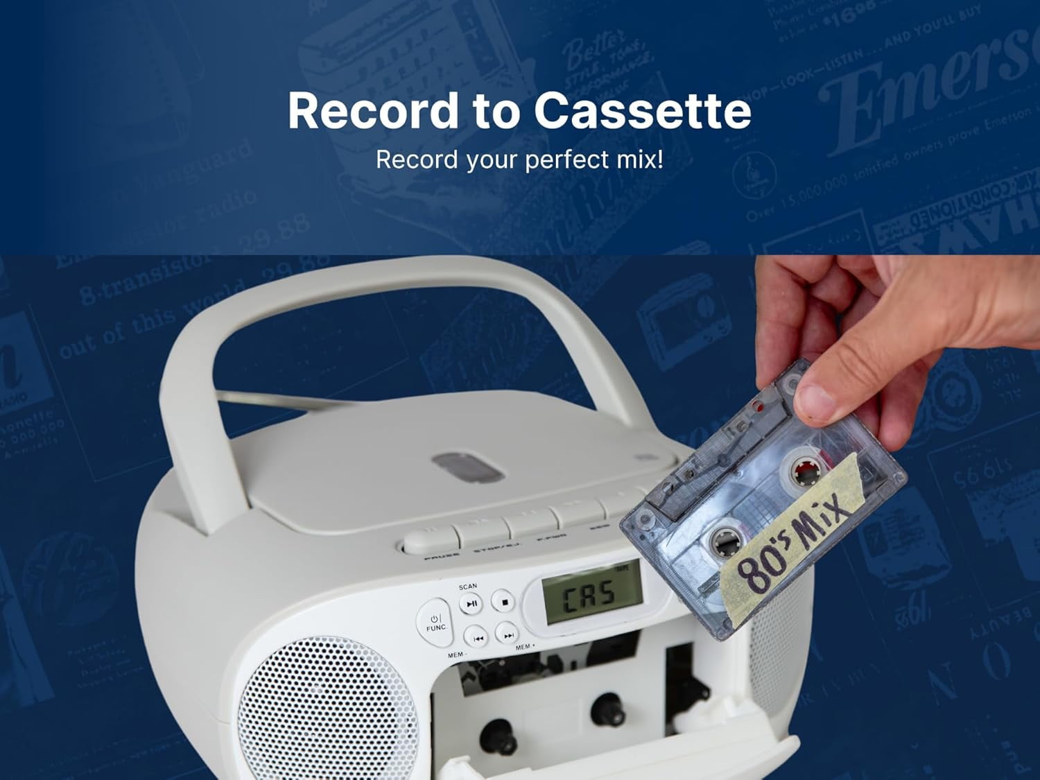 Emerson Portable CD Player Boombox with Cassette Player, AM/FM Radio, Tape Recorder, AUX, Headphone Jack, Dual Speakers, AC/DC & Battery Operated - Stereo System for Home, Indoor & Outdoor Use