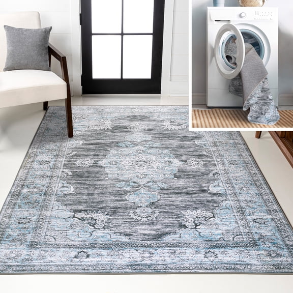 JONATHAN Y WASHABLE 5 x 8 Area Rug, Bausch Bohemian Distressed Chenille - Dark Gray/Blue, WSH201D-5