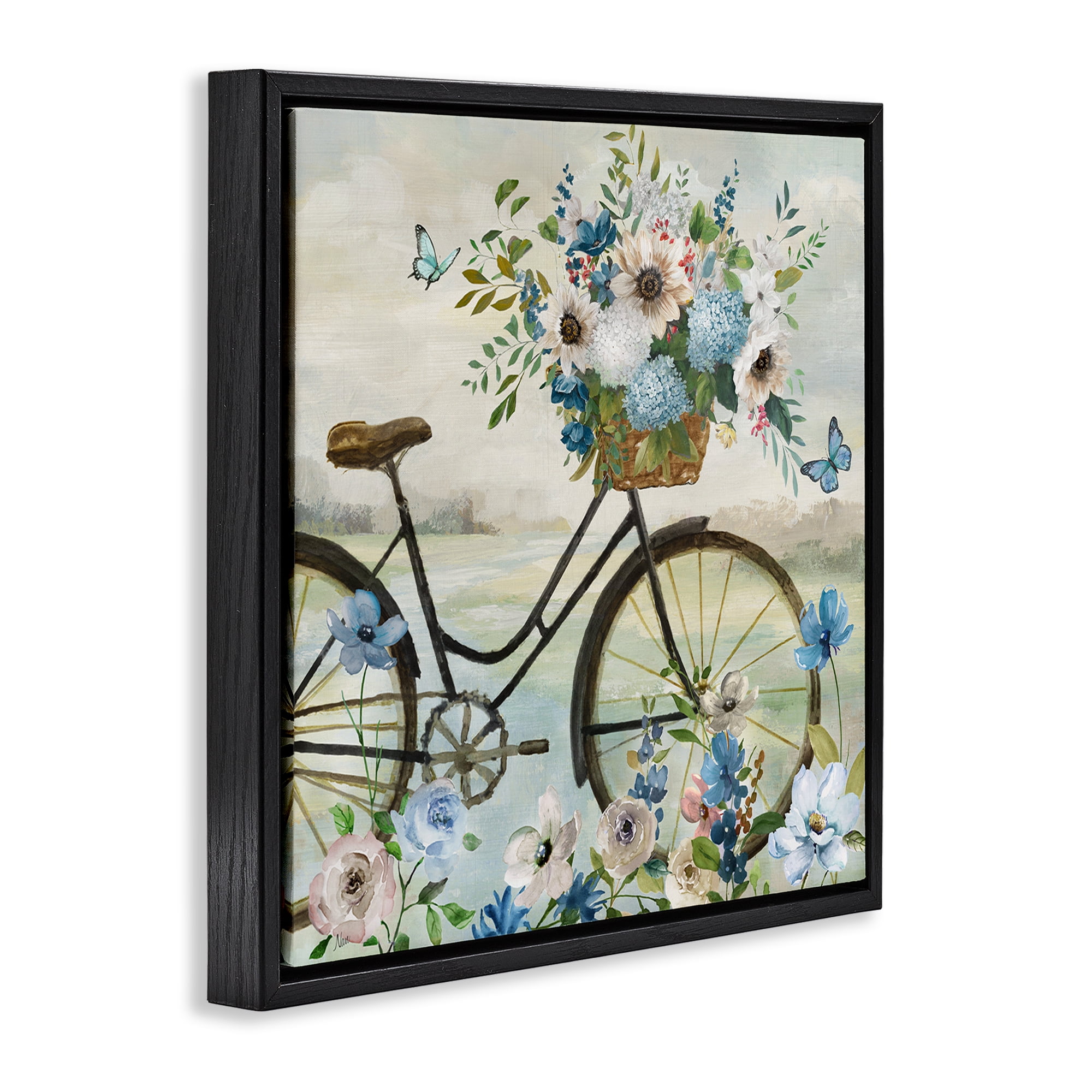Stupell Industries Floral Bicycle & Butterflies Transportation Painting Black Floater Framed Canvas Art Print Wall Art, 18 x 18
