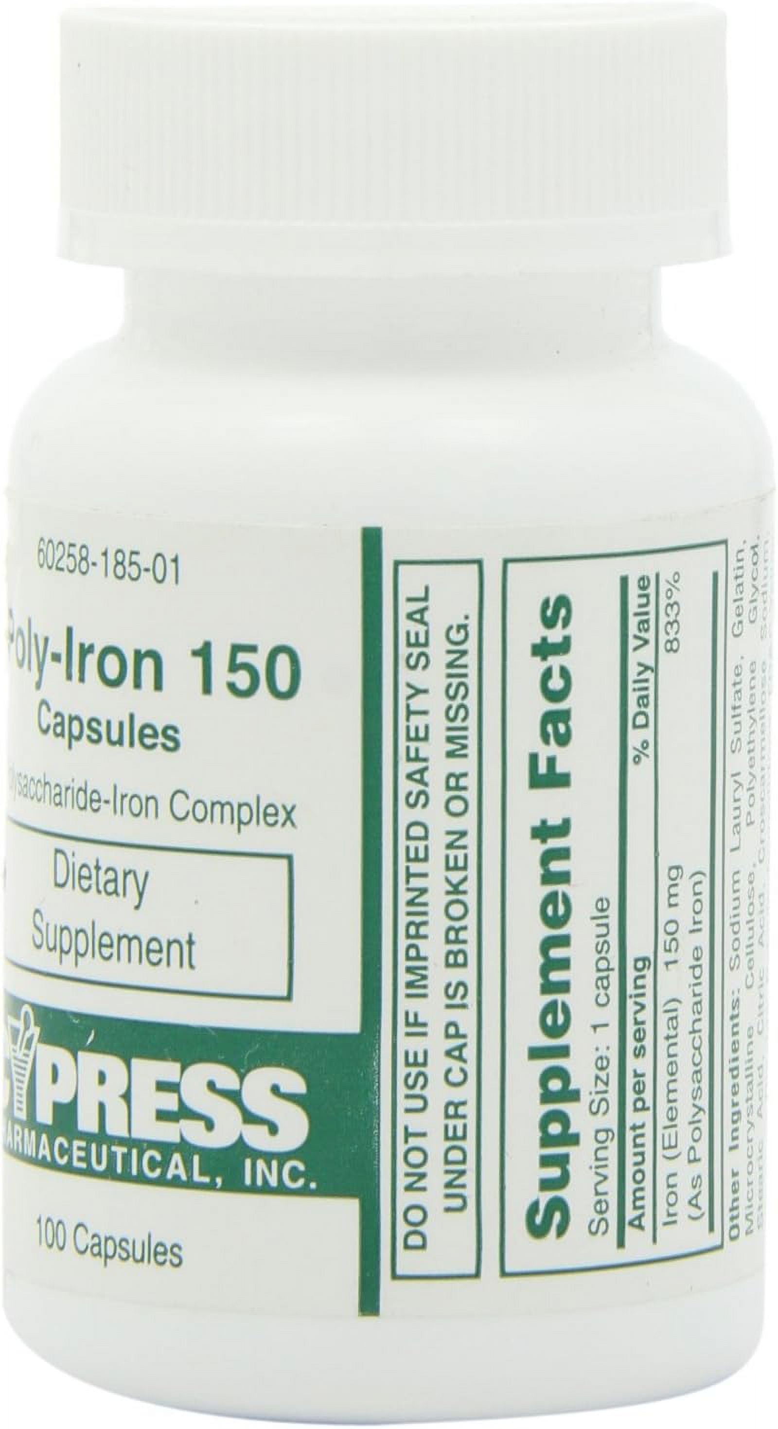 Dietary Supplement - Poly Iron Capsules 150 mg (100 caps per bottle) by Cypress Pharmaceutical #185-01 (1 Bottle of 100 Caps)