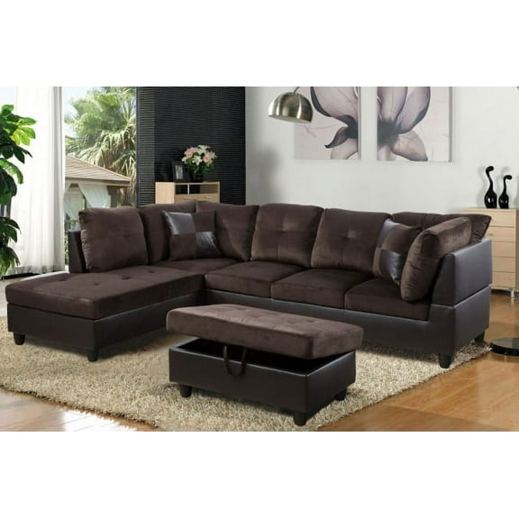PonLiving Furniture Manter 103.5 "Left Hand Facing Sectional with Storage Ottoman; Brown PonLiving Manter 103.5 "Left Hand Facing Sectional with Storage Ottoman; Brown