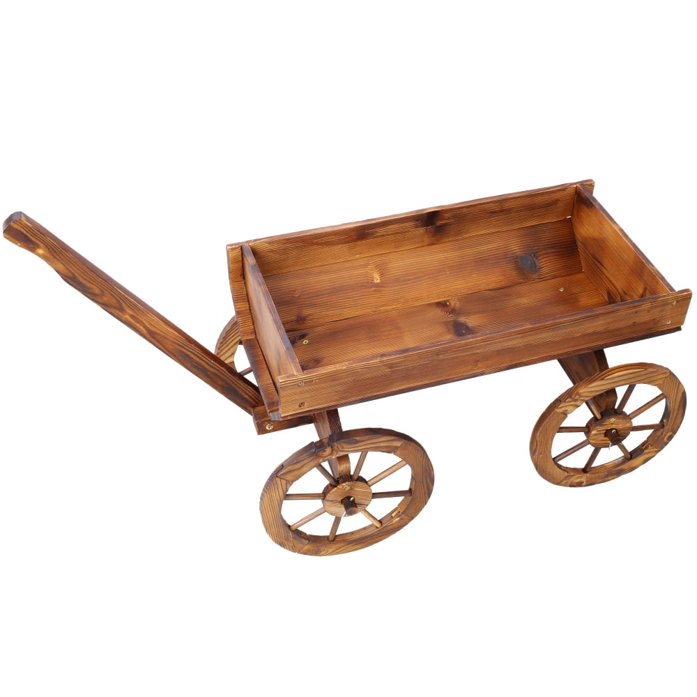 Rustic Wood Wagon Planter with Wheels - Mobile Flower Pot Stand for Garden, Patio & Outdoor Decor, Easy-Rolling Plant Cart
