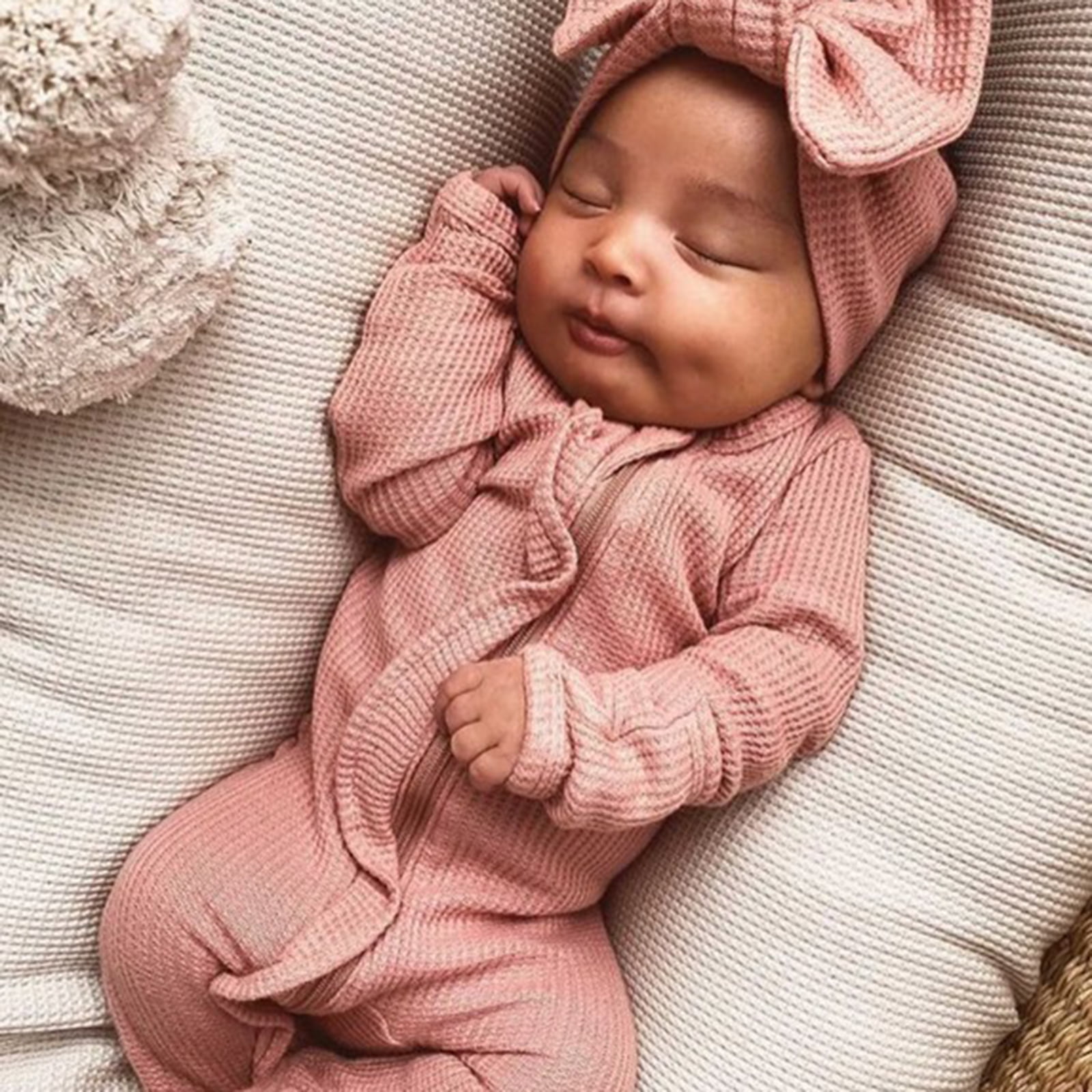 Newborn Baby Girl Ruffle Romper Knit Sweater Onesie Jumpsuit Long Sleeve Zipper Onesie Solid Fall Winter Outfits