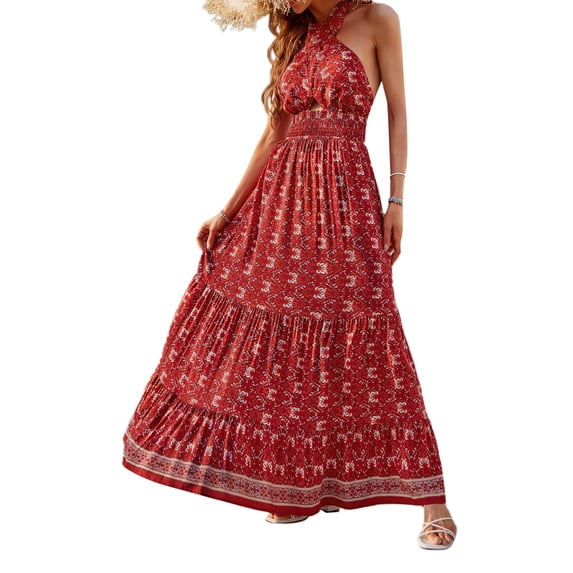 Qmyliery Women's Tie-Up Halter Dress, Flower Print Hollow-Out Sleeveless Backless Ruffle Hem Long Dress,S/M/L/XL