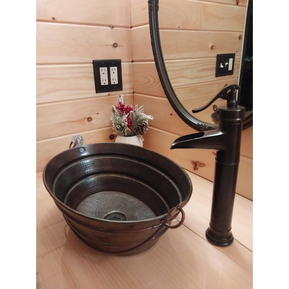 16" Oval Copper Vessel BUCKET Bathroom Sink, 13" Pump Faucet & Drain Included