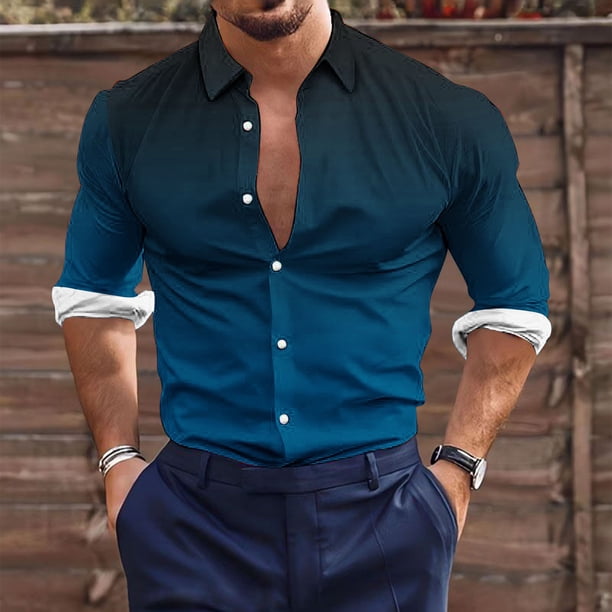 Blusa y camisa de manga larga con cuello vuelto para hombre, estilo casual, a la moda, con botones estampados, blusa de manga larga con cuello vuelto, camisetas de poliéster para hombre