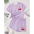 thumbnail image 6 of CCRFTGI Girls' Clothing Sets Summer Outfits Size 10-12 Cute Two Piece Outfits Athletic Bow Cherry Print Short Sleeve T Shirt and Elastic Waist Shorts Clothing Sets Purple Pink 2-3 Years, 6 of 7