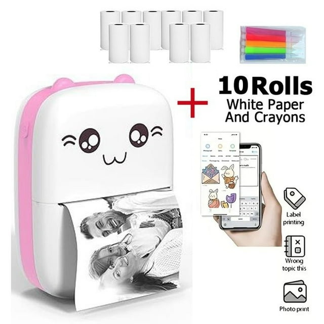 Mini Portable Bluetooth Thermal Printer, Mobile Photo Pocket Printer, Compatible with Android/iOS, 10 Paper Rolls - Pink