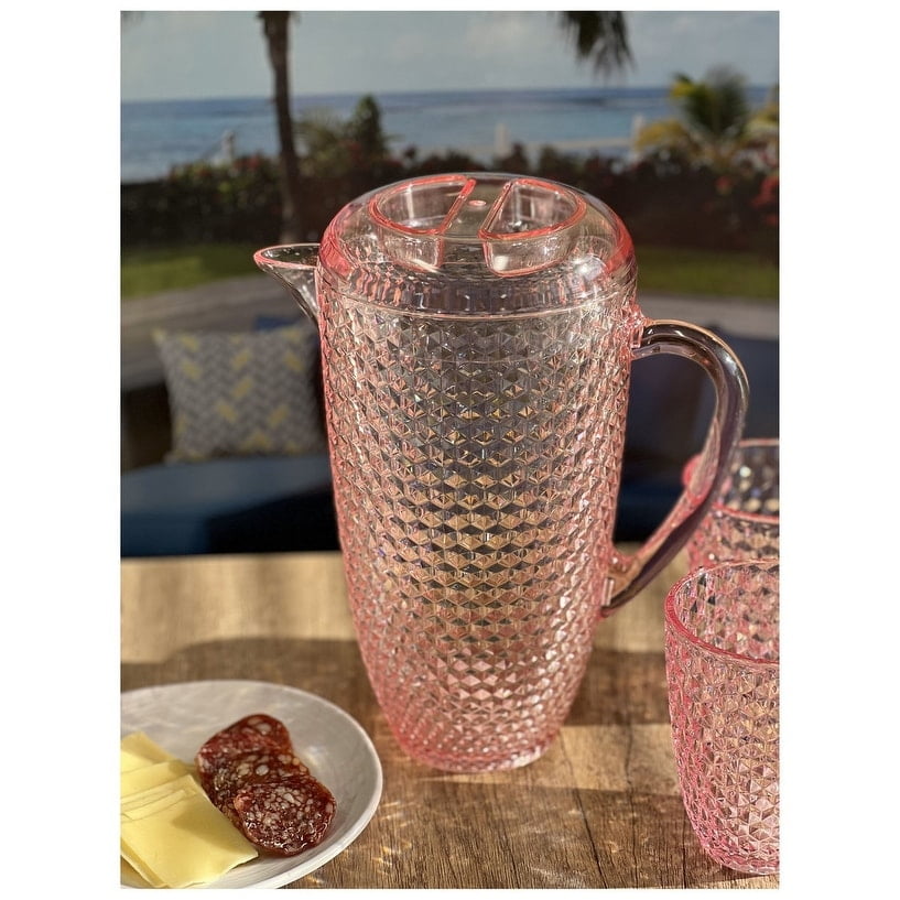 LeadingWare  Diamond Cut Acrylic Water Pitcher with Lid (2.5 Quarts) - 9.25" W x 9.25" L x 10" H Pink