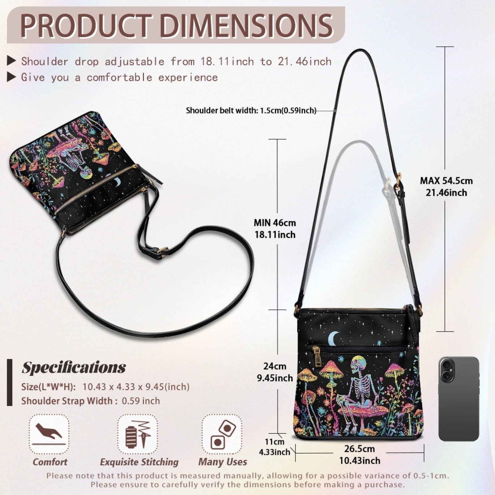 LedBack Skull Print Women's Crossbody Bag Leather Shoulder Handbag Sling Satchel Purse Multi Pocket Hobo Bag with Adjustable Shoulder Strap, Black