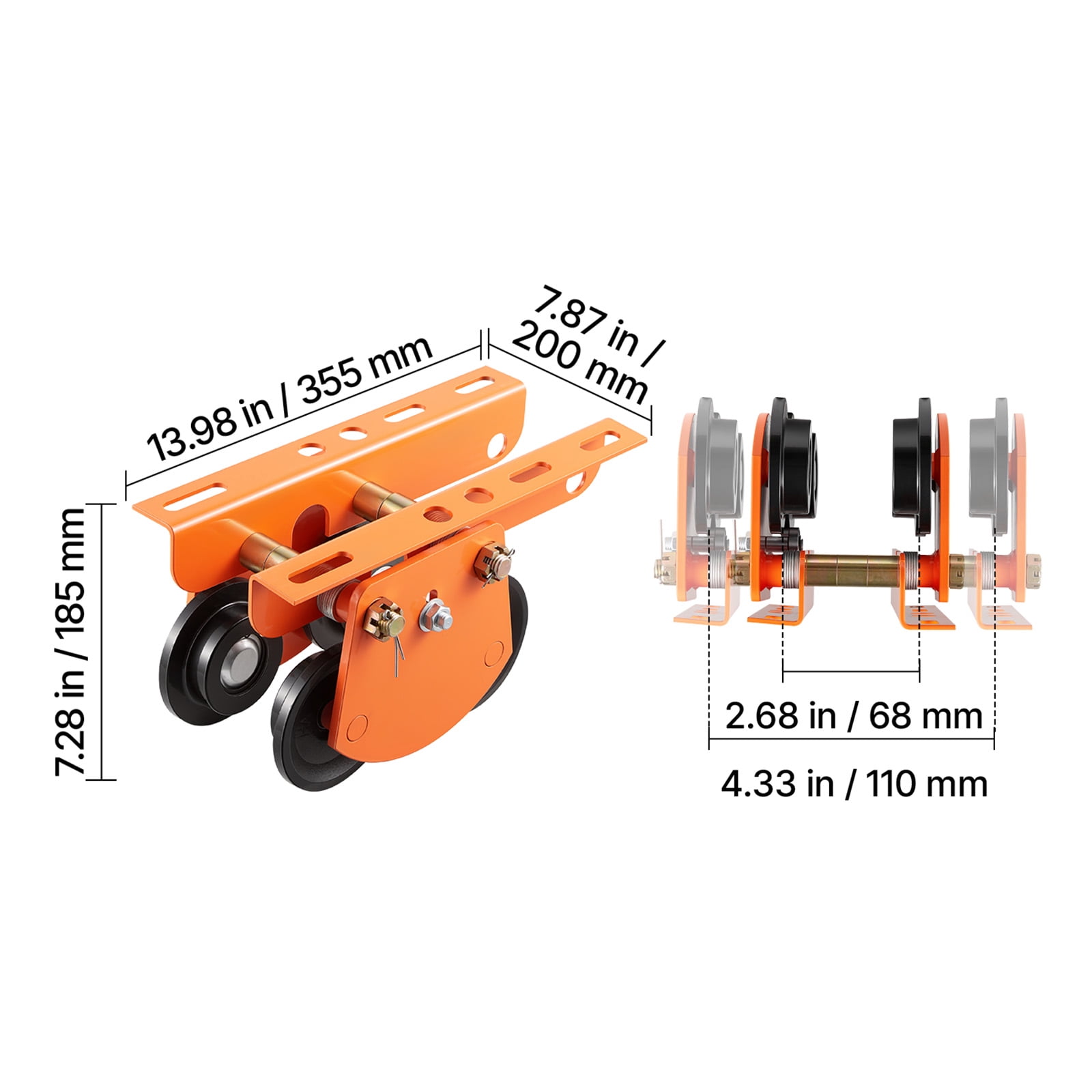 KFFKFF Electric Hoist Manual Trolley, 2200 lbs/1 Ton Capacity for PA600-PA1000, Adjustable Push Beam Trolley with Dual Wheels, 2.68"-4.33" Beam Flange Width for Straight and Curved I-Beams