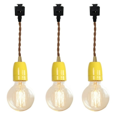 

FSLiving J Track Lighting E26 Ceramic Base 2 Feet Brown Twisted Cord Pendant Light Fixture Mini Contracted Design for Entryway Dorm Loft Corridor Living Room(No Bulb No Track)- 3 Lights(Yellow Socket)