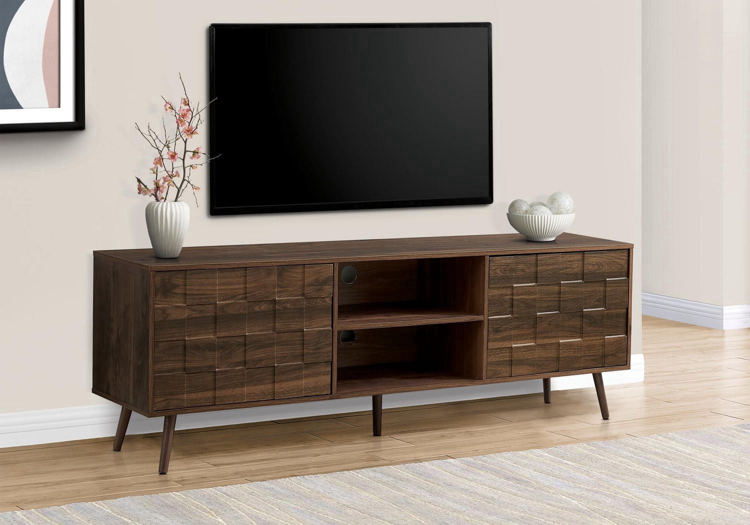 Monarch Specialties Tv Stand, 72 Inch, Console, Media Entertainment Center, Storage Cabinet, Bedroom, Living Room, Walnut Laminate, Mid Century