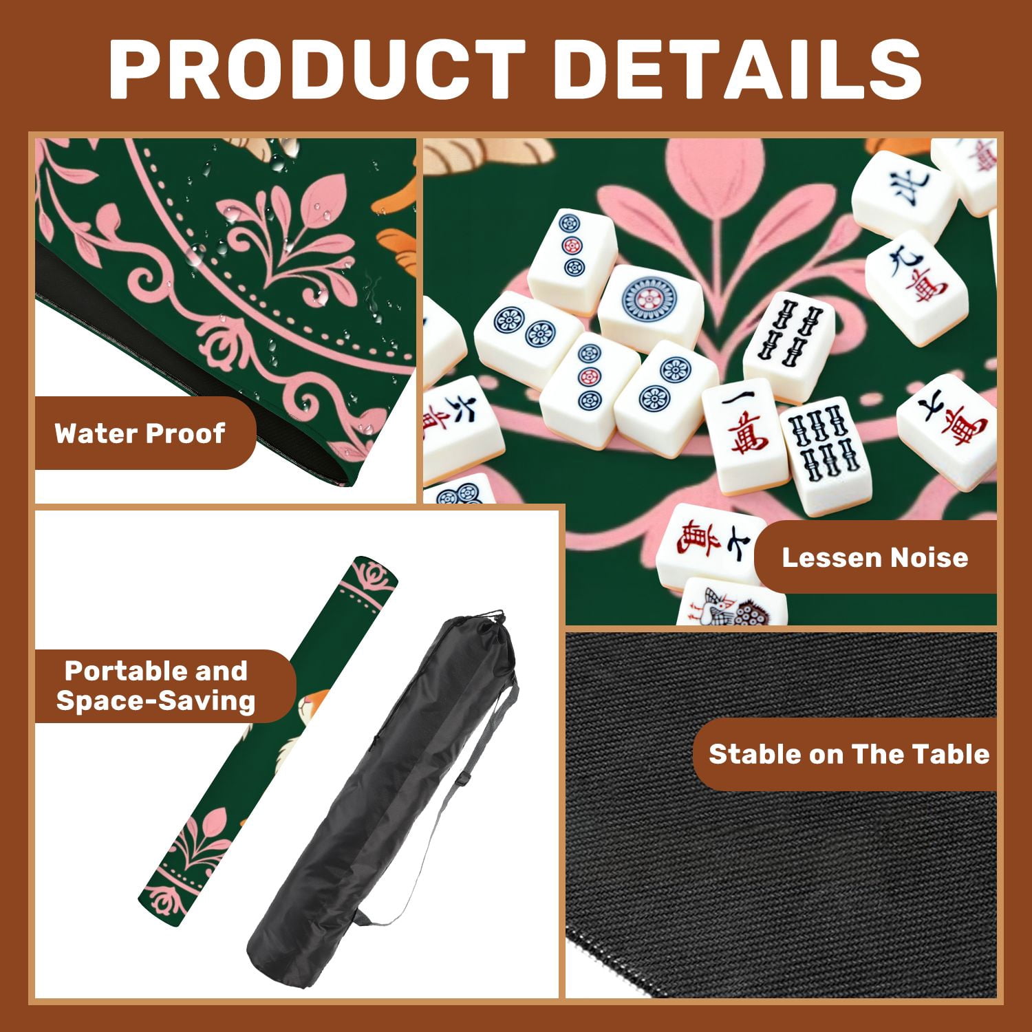 Mahjong Mat 31.5" x 31.5" Cute Pair Bunnies Blue Bows Surrounded by Floral Non-Slip Noise Reduction American Mahjong Tiles Table Cover for Dominoes Poker Card Board Games Gift
