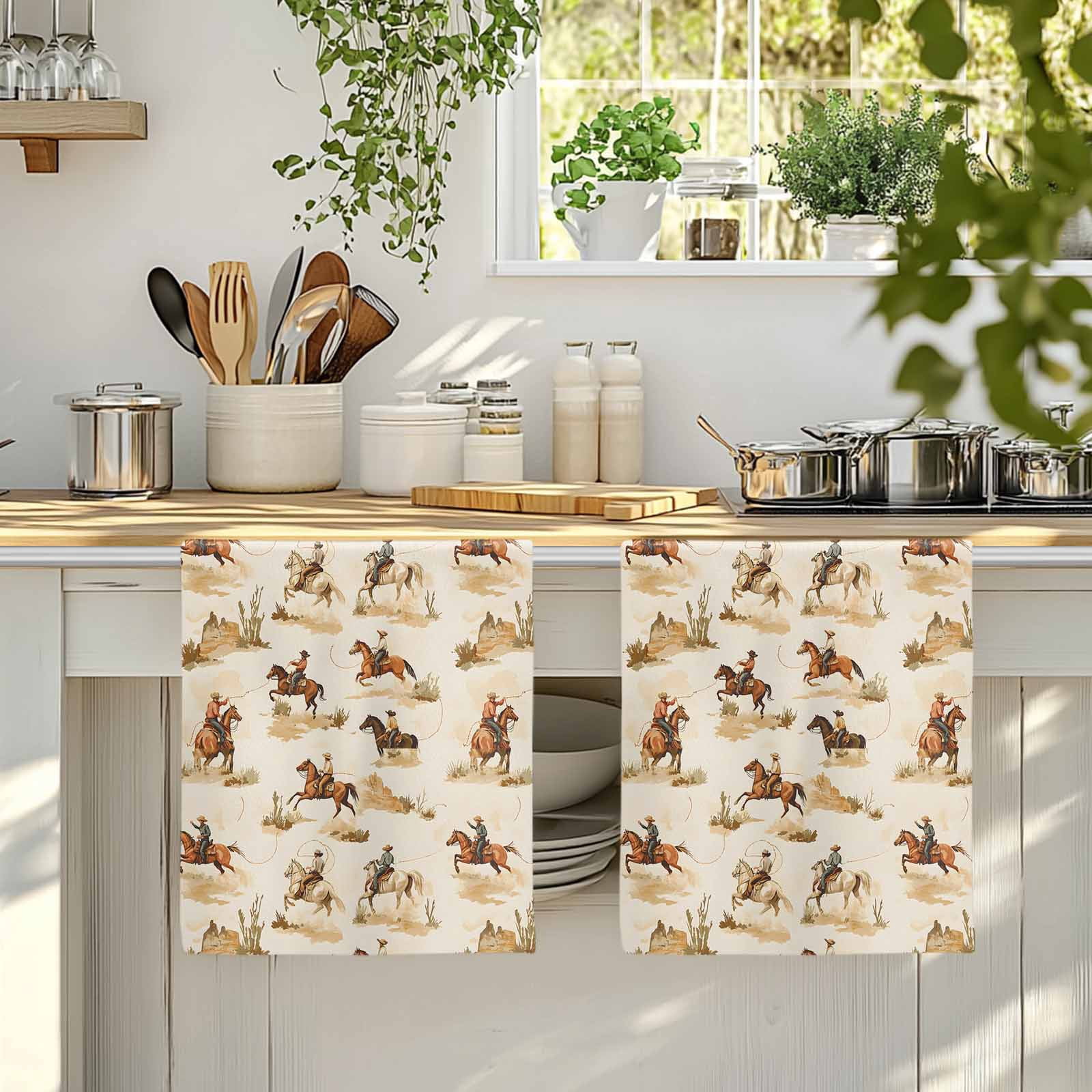 Western Cowboy Kitchen Towels Set of 2, Vintage Country Horse Plants Art Soft Microfiber Dish Towels, Absorbent Quick-Dry Washable Dishcloths for Kitchen Cleaning, Drying Dishes, 18x28 Inches