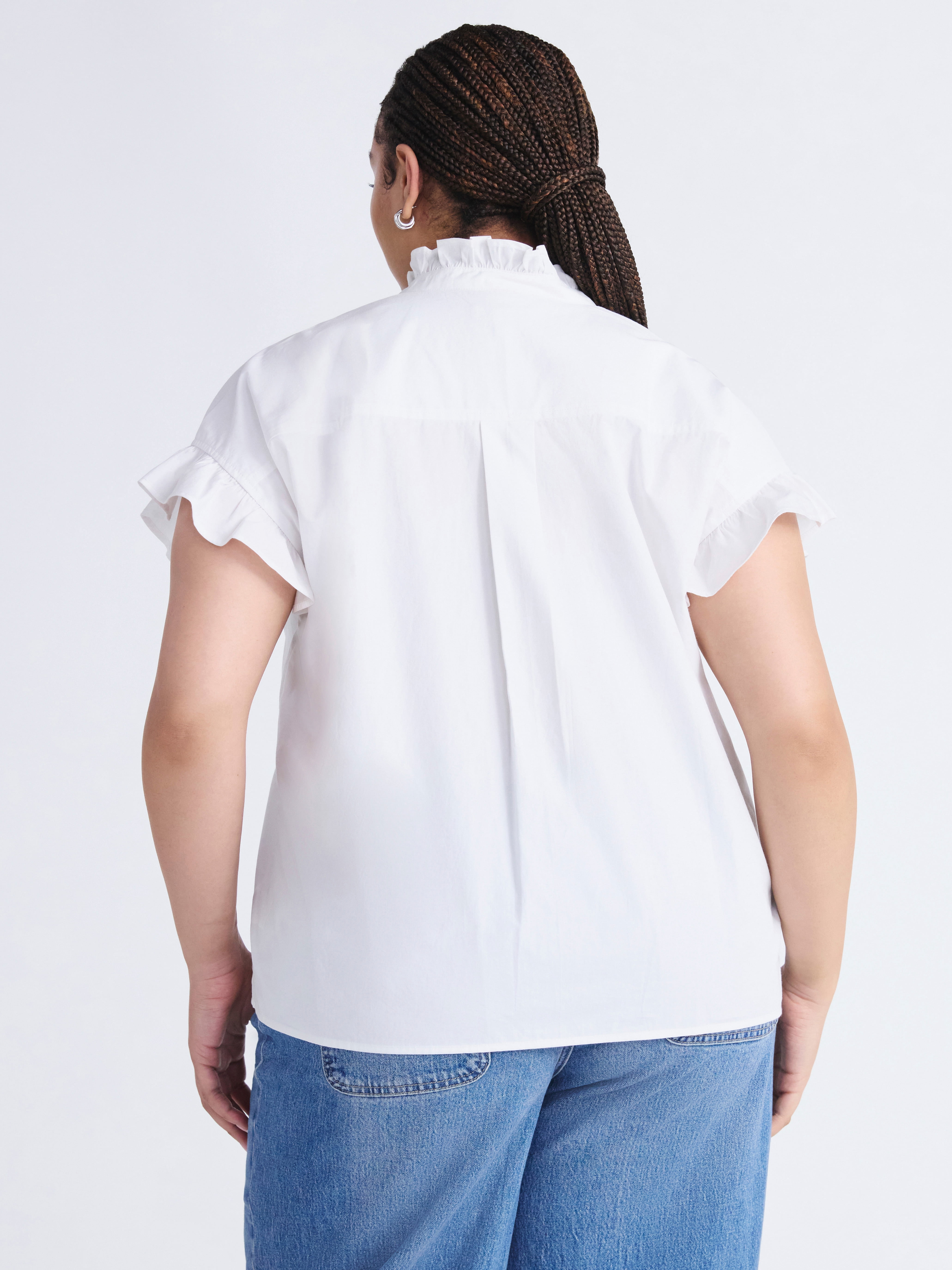 Free Assembly Women's and Women's Plus Ruffle Trim Neck Top with Short Sleeves, Sizes XS-4X