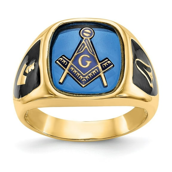 Auriga Fine Jewelry 10K Yellow Gold Men's Polished, Antiqued and Textured with Imitation Blue Spinel Masonic Ring Size- 10