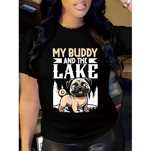 Camiseta de Mujer de Verano SuaveWomen's Casual Crew Neck T-Shirt with Pug & Lake Print - Soft Polyester, Short Sleeve, Machine Washable - Perfect for Spring & SummerFather's Day, Mother's Day, New