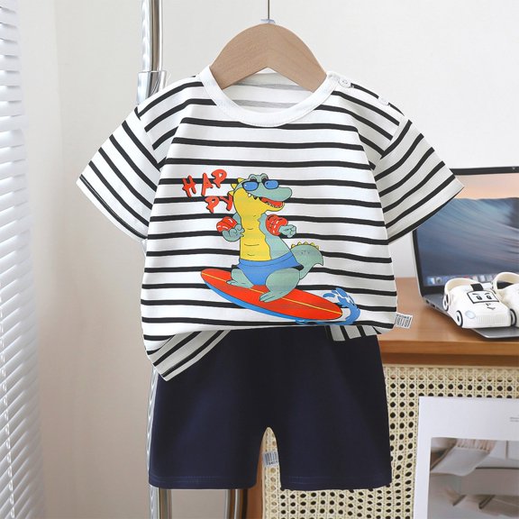 Amidoa Boys Summer 2 Piece Outfits Printed Cute Cotton Short Sleeve and Casual Short Kids Clothing Set Black Size 100