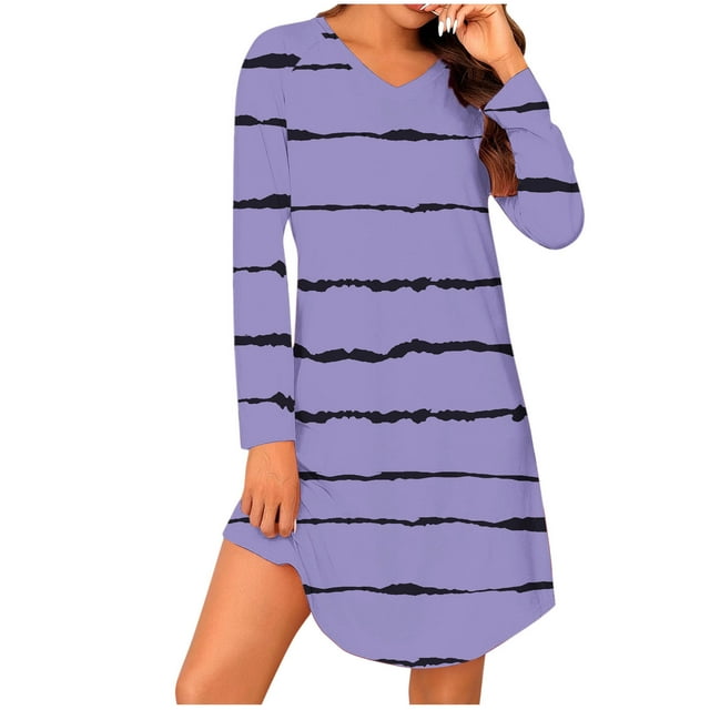 cfhntfmh Chemises de Nuit pour Femmes Mode Imprimée Manches Longues Col en V Robe de Pyjama Douce Fluide Robe de Sommeil Tenue d'Intérieur
