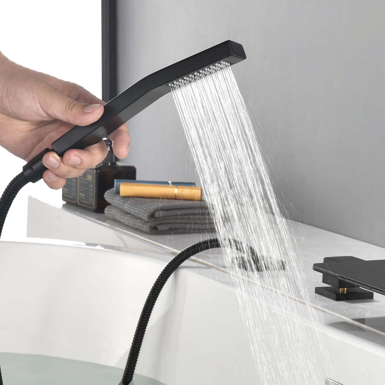 Cobbe Bathroom Bathtub Faucet Set Single Handle with 11.02-Inch Wide Bathtub Spout and Handheld Shower 4-Hole Deck Mount Tub Faucet Matte Black