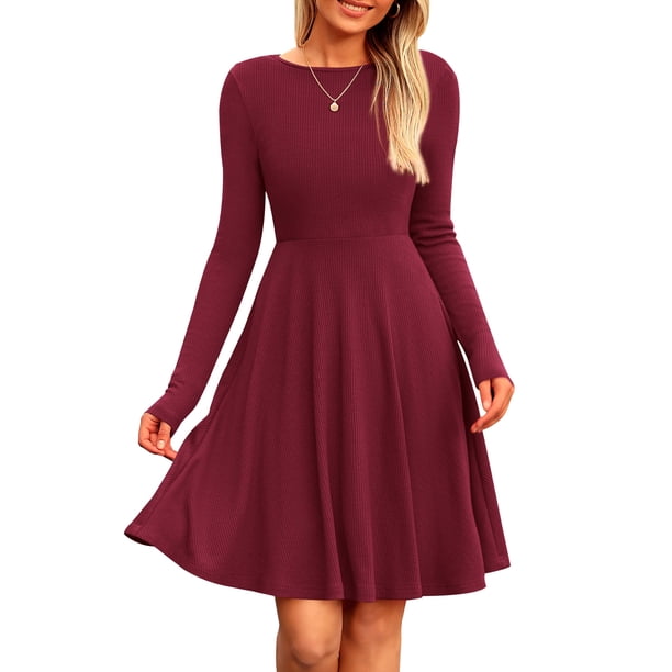 Vestido PRETTYGARDEN de punto acanalado con manga larga en línea A color vino tinto XL