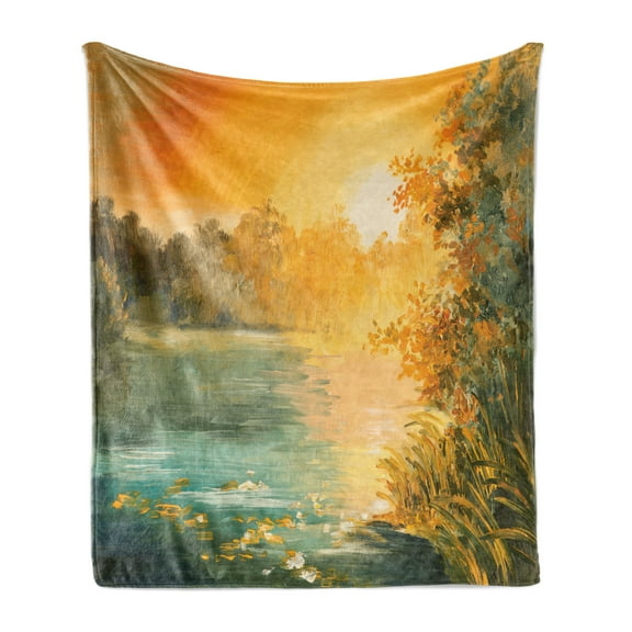 Country Soft Flannel Fleece Blanket, Pastel Color Sunset on the Lake in Fall Autumn Scenery in Retro Art Drawing, Cozy Plush for Indoor and Outdoor Use, 50" x 60", Green Orange Blue, by Ambesonne