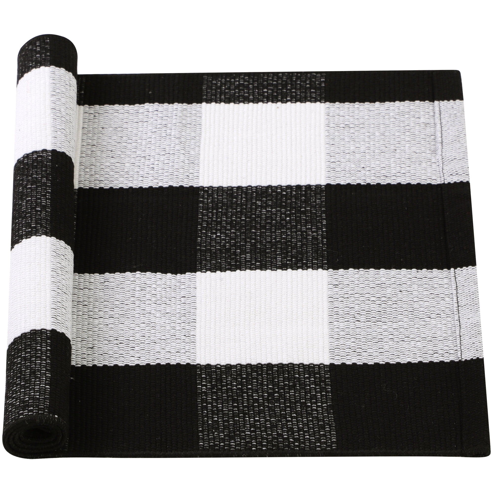 Home Cotton Woven Checkered Area Floor Rug Carpet Mat Black 2'4" x 1'6