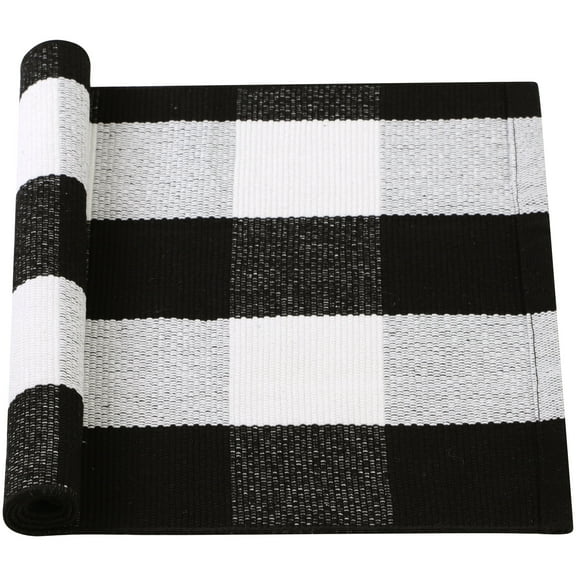 Unique Bargains Cotton Woven Checkered Area Rugs Floor Rug Carpet Mat Black & White 28"x18"