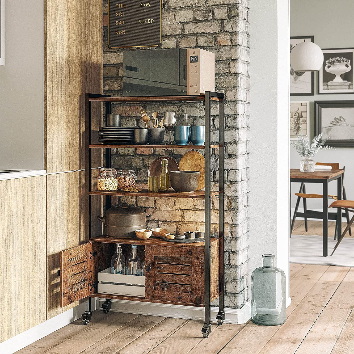 IRONCK Industrial Bookshelf and Bookcase with 2 Louvered Doors and 4 Shelves, Standing Storage Cabinet for Living Room