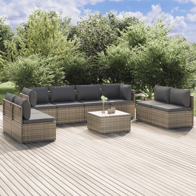 vidaXL 9 Piece Garden Lounge Set with Cushions Grey Poly Rattan