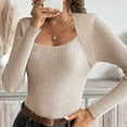 thumbnail image 3 of XPMWRP Women's Solid Color Sweaters Fall Fashion Ribbed Long Sleeve Lightweight Knit Square Neck Tops Cute and Trendy Outfits Yellow S, 3 of 6