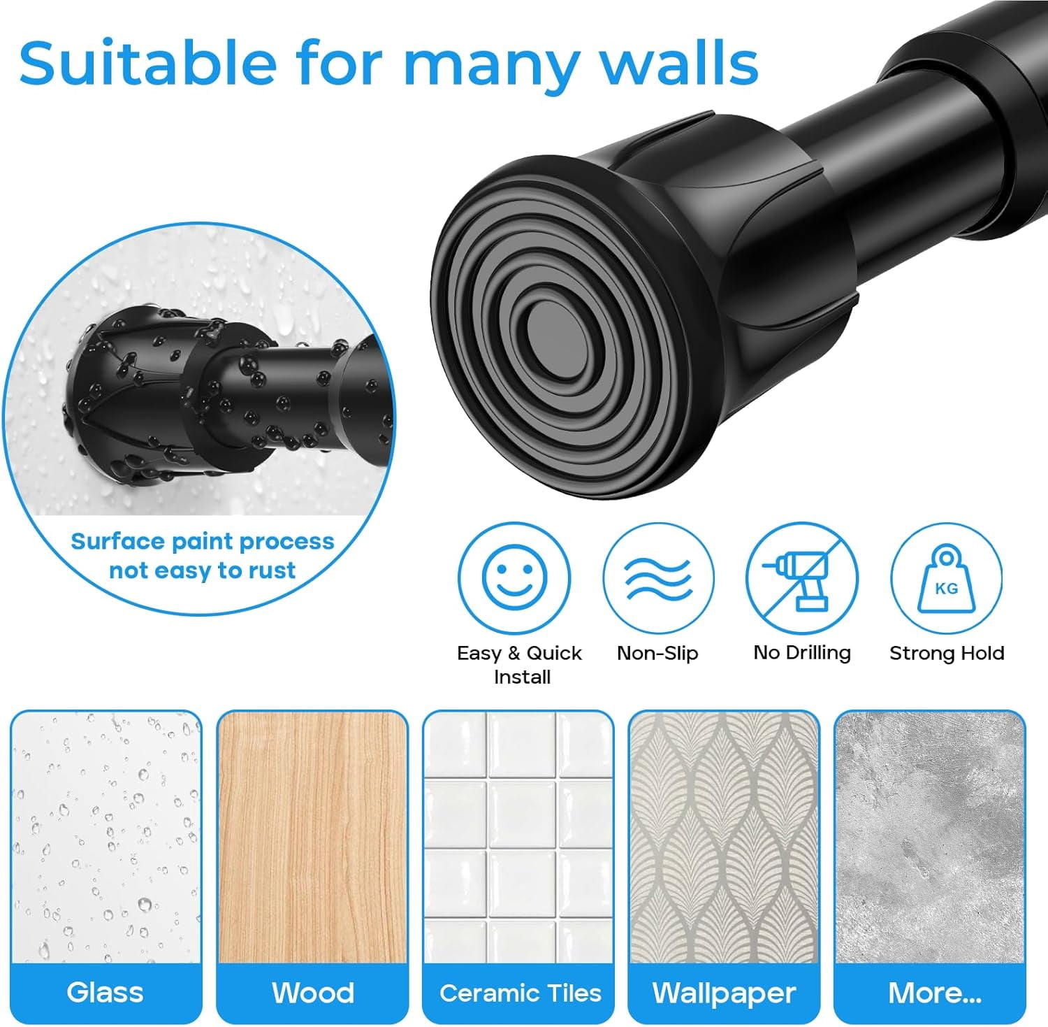 MKEUDQ-2 Pack Tension Rods for Windows 28 to 48 inch, Adjustable Curtain Rods No Drilling Spring Rods Extendable Pressure DIY Tension Rod for Window Closet Kitchen, Black