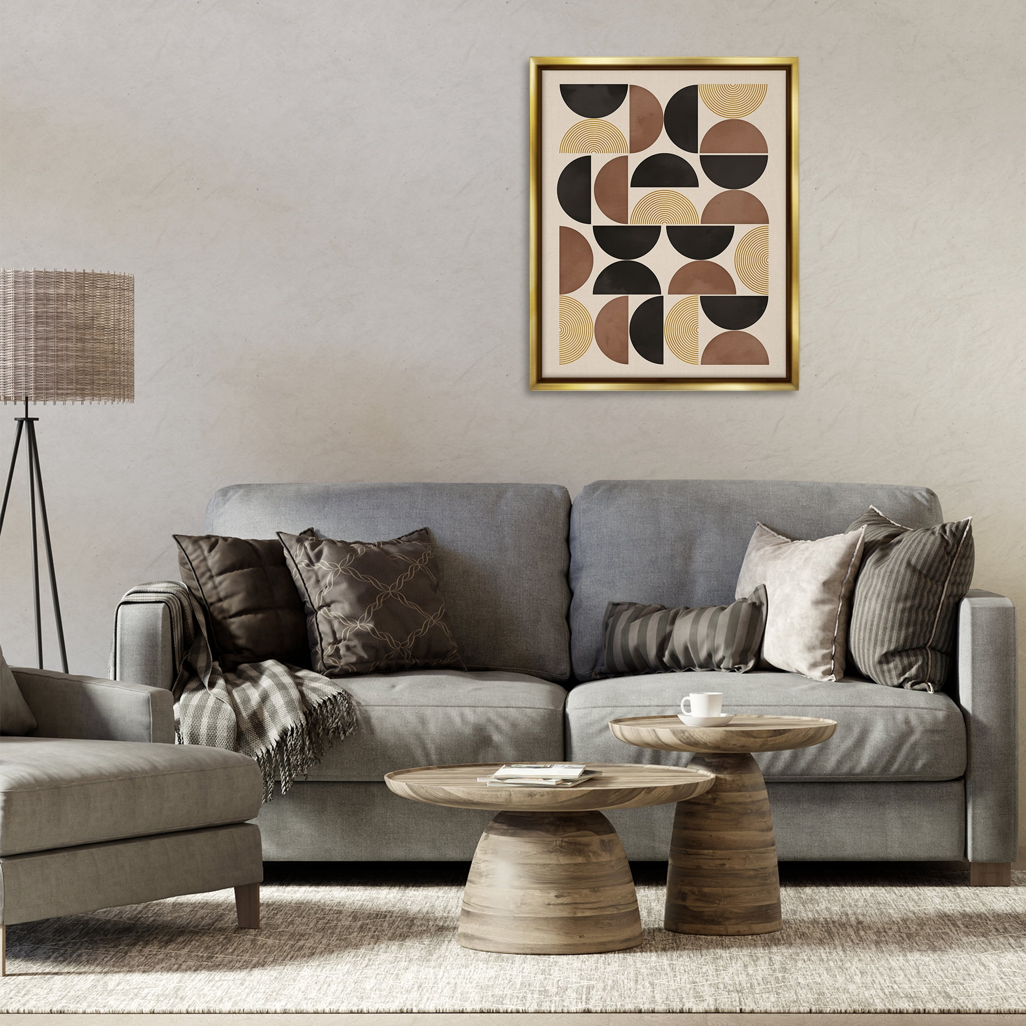 Stupell Industries Midcentury Neutral Geometric Abstract Painting Gold Floater Framed Canvas Art Print Wall Art, 25 x 31