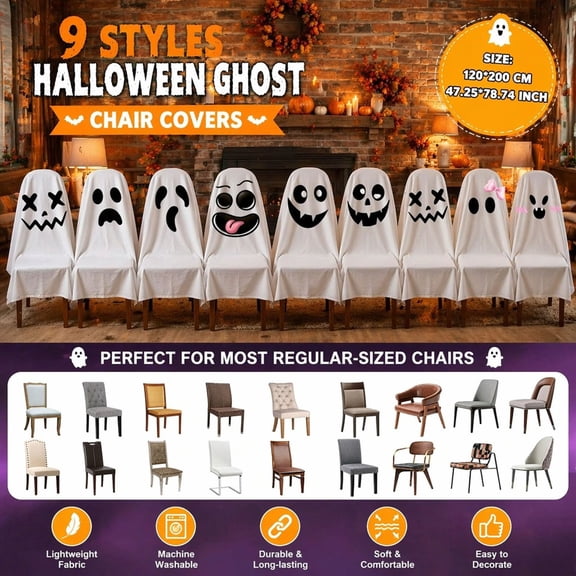 MMJ Halloween Chair Cover Ghost Print Stretch Slipcover Spooky Party Dining Room Kitchen Seat Decoration